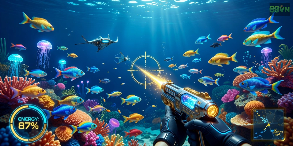 Minh họa khái niệm bắn cá vàng 69vn với giao diện game sống động và cá vàng óng ánh