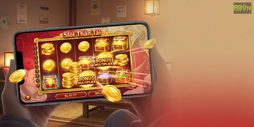 Hình ảnh giao diện Slot Thần Tài trên nền tảng 69vn với hiệu ứng khuyến mãi nổi bật